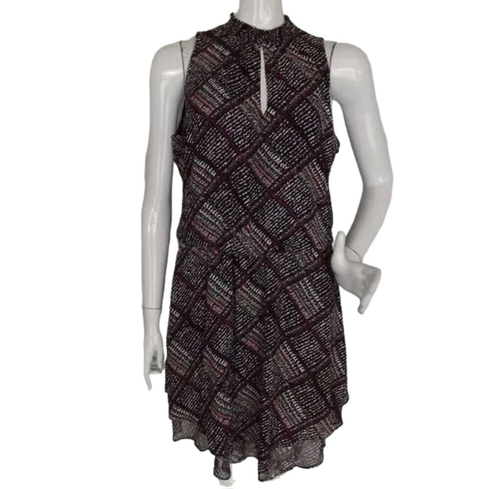 WHBM Dress, M, Smocked Neck/Keyhole, Sleeveless, Black/Purple-White Geometric